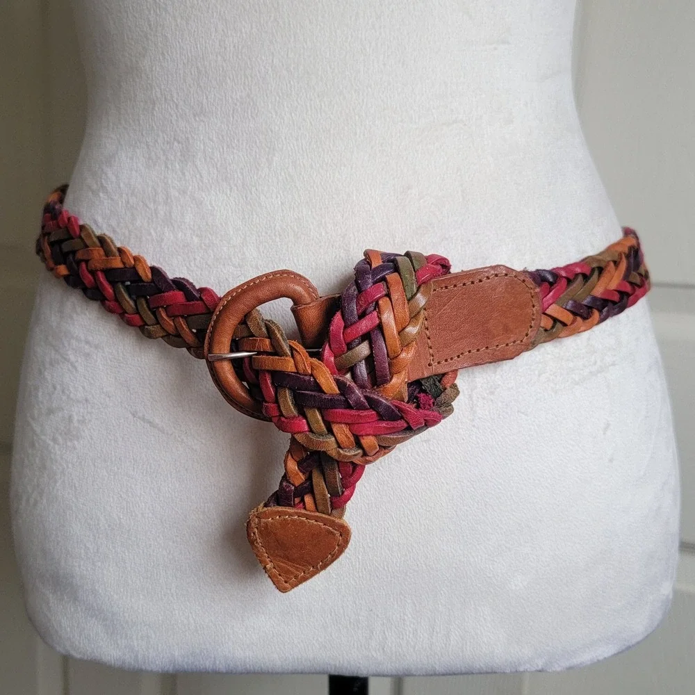 Brown Multi Colored Braided Leather Belt‎ Boho Woven Made in USA Size Large